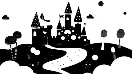 Fototapeta premium Magical landscape with a candy castle, gingerbread paths, and marshmallow clouds, vector illustration art