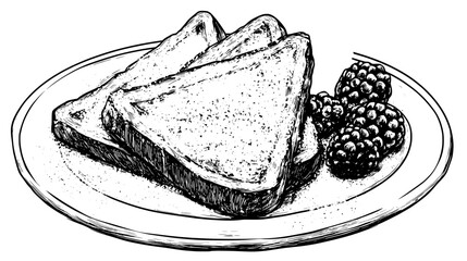 Plate with French toast slices, powdered sugar, and a side of berries, vector illustration art