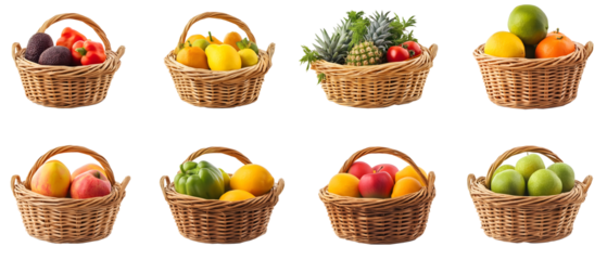 set of assorted fresh fruits in wicker baskets isolated png transparent background