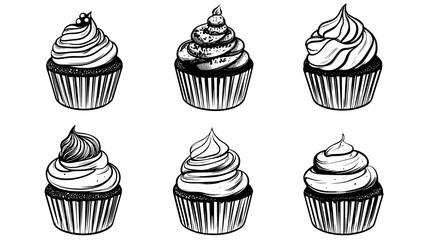 Set of cupcakes with different frosting and decoration types, vector illustration art