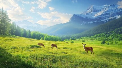 Naklejka premium Deer Grazing in Scenic Meadow: A serene landscape captures the beauty of nature, featuring deer gracefully grazing in a lush green meadow.