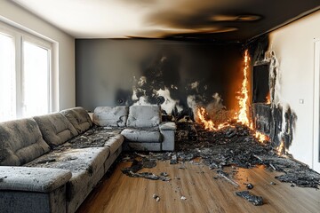 House fire damage in modern living room interior