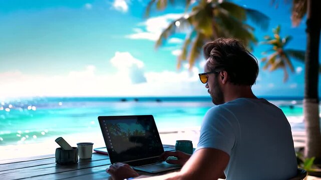 A digital nomad working on a laptop by a tropical beach, with a beautiful ocean view and palm trees in the background