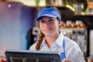 Close-up shot of a beautiful Latina woman working at a Latin food restaurant.
