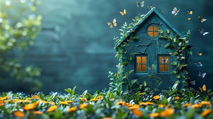 Obraz premium Simple house with ecofriendly technology and recycling minimalistic flat blue background illustration space for text