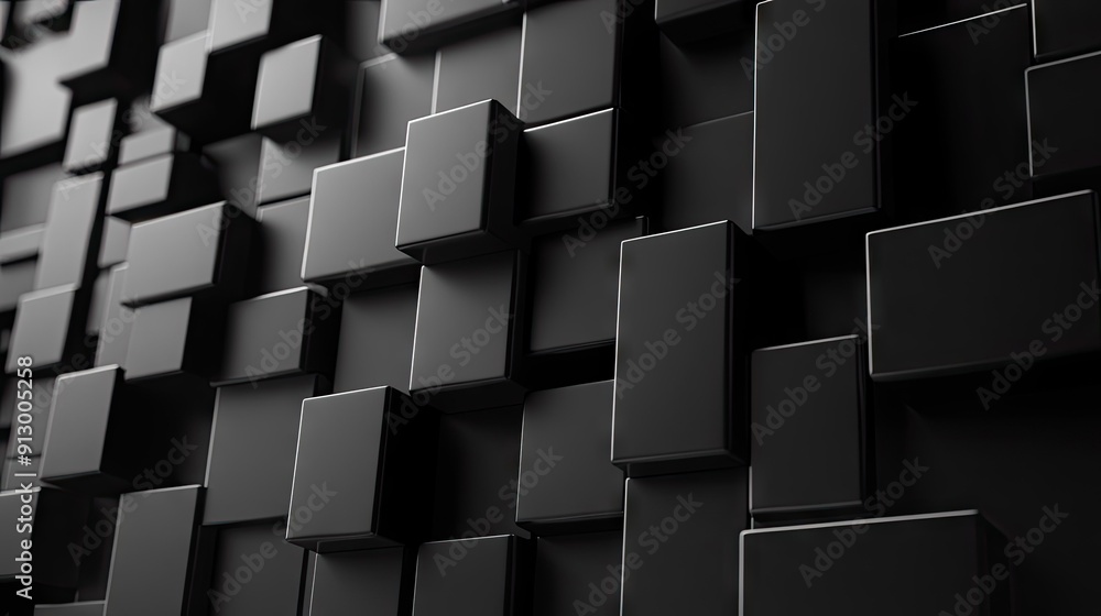 Poster black backdrop with 3d rendered geometric blocks in an abstract formation.
