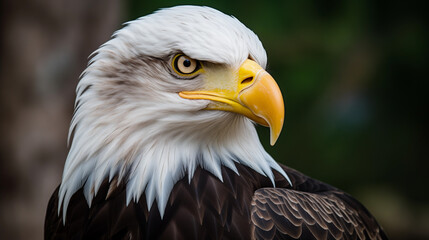 A bald eagle with a yellow beak and yellow eyes