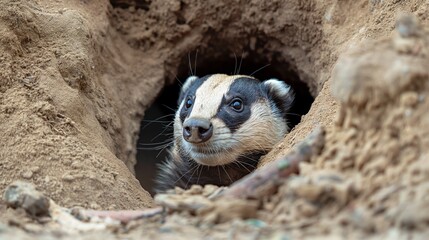 Obraz premium The badger looks out of his hole, his black and white muzzle carefully examines the surroundings