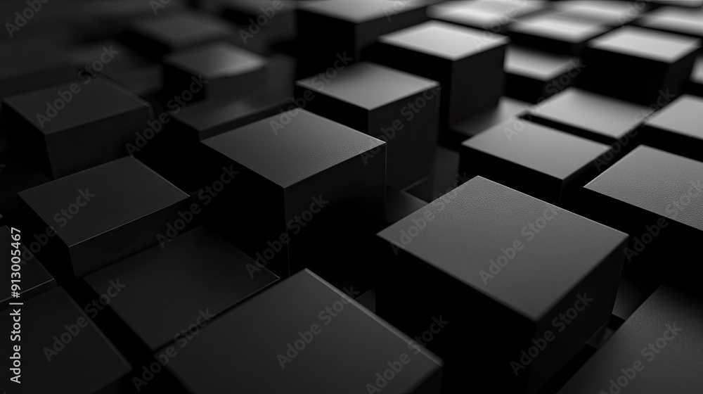 Poster black background with 3d geometric blocks creating an abstract formation.3
