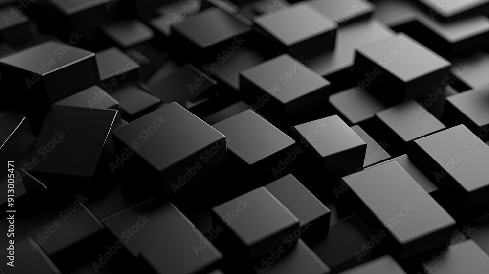 Poster black background with 3d geometric blocks creating an abstract formation.3