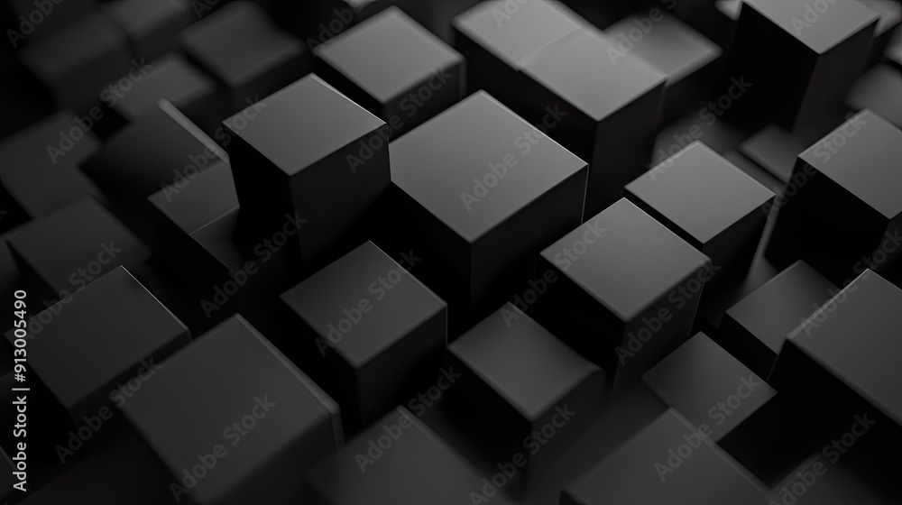 Poster black background with scattered 3d geometric blocks. abstract and minimalistic.