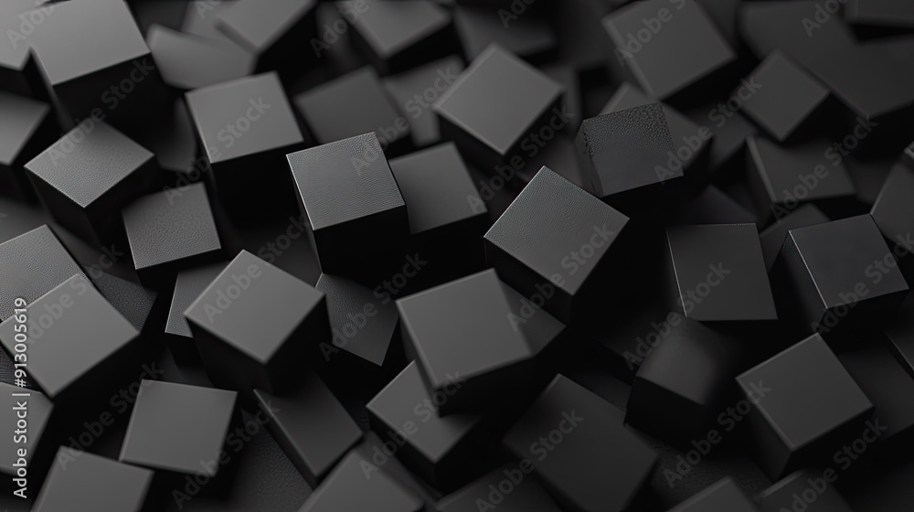 Poster black background with scattered 3d geometric blocks. abstract and minimalistic.