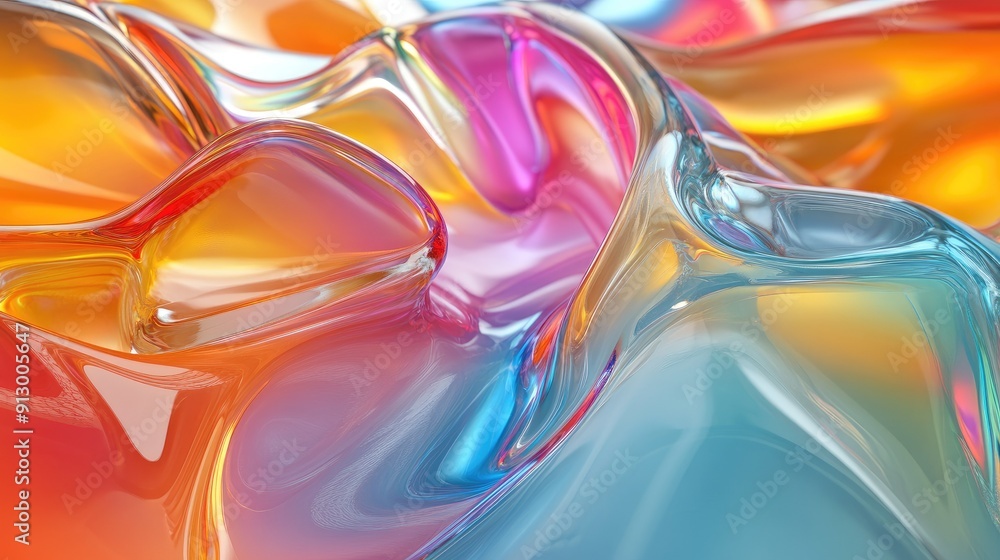 Poster bright and colorful glassy textures in a 3d fluid wave gradient render.