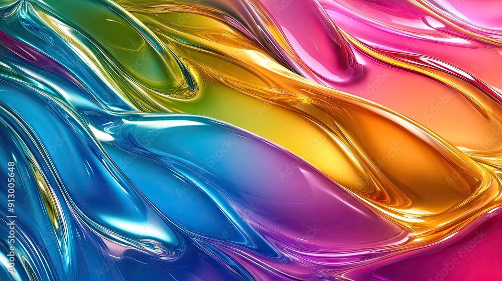 Poster bright and colorful glassy textures in a 3d fluid wave gradient render.