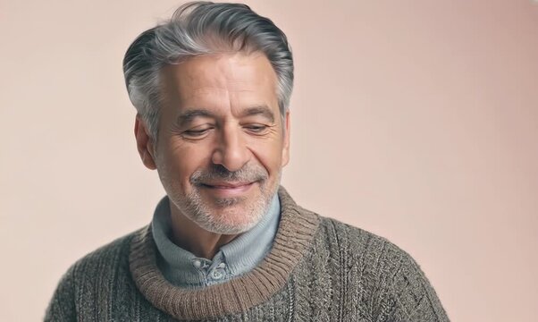 medium shot portrait of a Israeli man in his 50s wearing a chic cardigan against a pastel or soft colors background