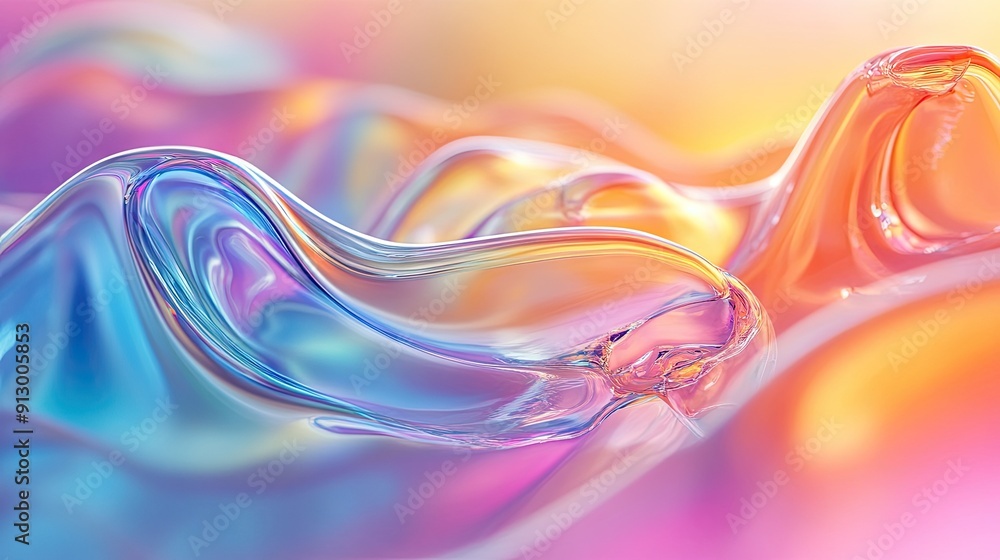 Poster bright glass and fluid wave render textures in a colorful gradient 3d background.