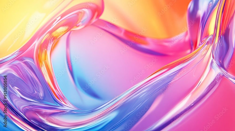Poster bright glass and fluid wave render textures in a colorful gradient 3d background.