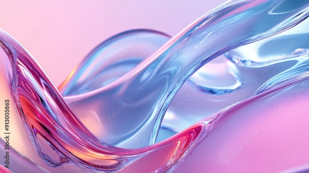 Poster bright glass and fluid wave render textures in a colorful gradient 3d background.