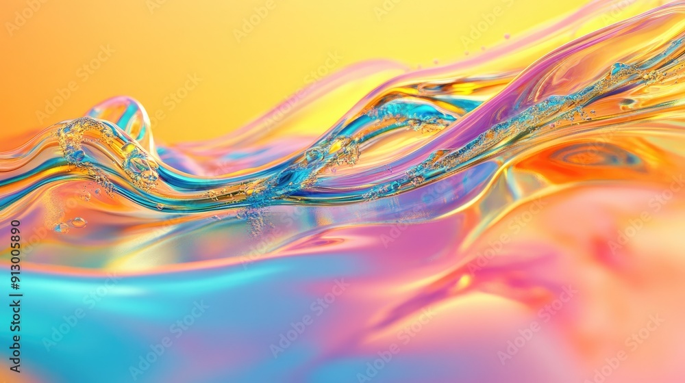 Poster bright glass and fluid wave render textures in a colorful gradient 3d background.