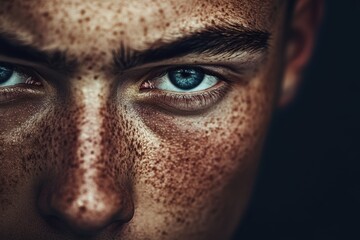 Intense gaze of young person with striking blue eyes freckles