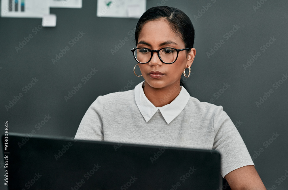 Canvas Prints Glasses, businesswoman and laptop in office for reading, research and online information for publication. Creative agency, journalist and working on computer for political story, article and editing