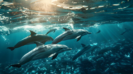 Obraz premium A pod of dolphins playing in sparkling and sunlit waters. The silent menace of drifting plastic waste. 