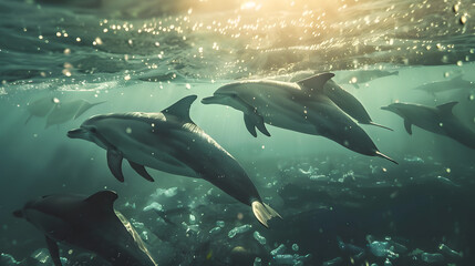 Naklejka premium A pod of dolphins playing in sparkling and sunlit waters. The silent menace of drifting plastic waste. 