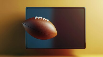 American football or a rugby ball on a TV screen. Minimal abstract sport and competition concept. With copy space.