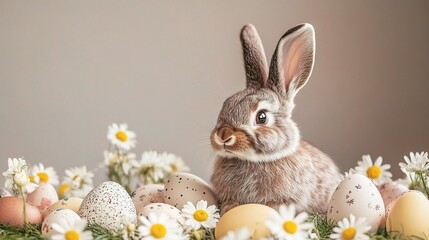 Easter Bunny and Eggs: An adorable bunny surrounded by decorated eggs and blooming daisies, symbolizing the joy and renewal of the holiday season.