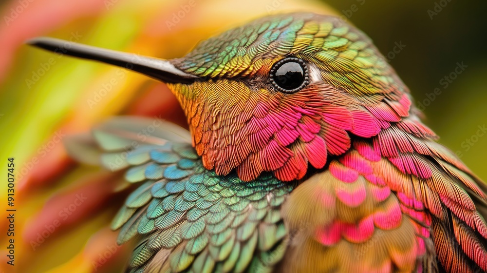 Poster close-up of a hummingbird intricate feather patterns while perched in the wilds of chile.