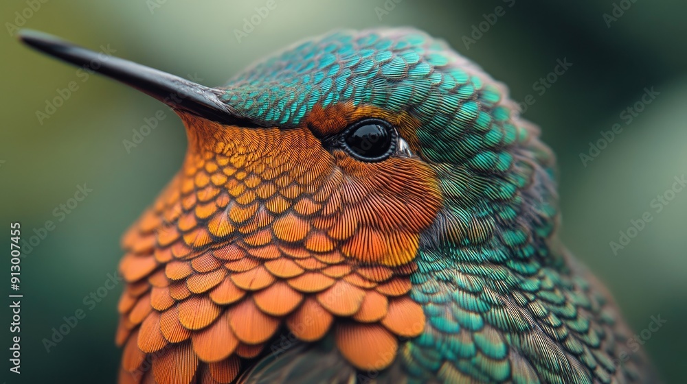 Poster close-up of a hummingbird intricate feather patterns while perched in the wilds of chile.