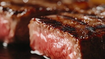 Close-up of a perfectly seared steak, capturing the golden-brown sear and juicy inside. -