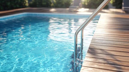 Obraz premium Close-up of a swimming pool with metal stairs and a stylish wooden deck.