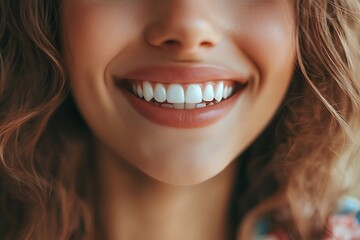 Fototapeta premium A close-up portrait of a beautiful woman with a radiant smile, showcasing her perfect white teeth