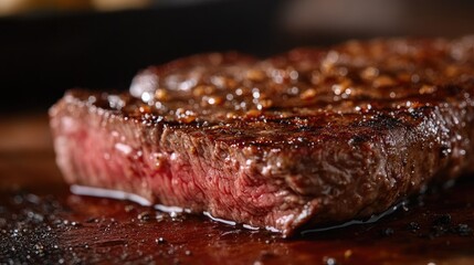 Close-up shot of a seared steak, highlighting the rich, flavorful crust and tender meat.