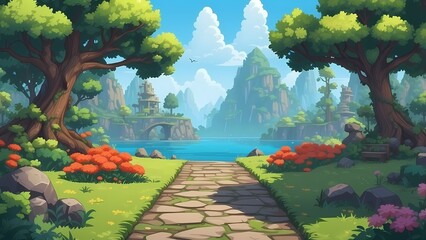 Game assets background RPG Gaming Battle Scene Beautiful day in Pixel 8bits 16bits 32 bits