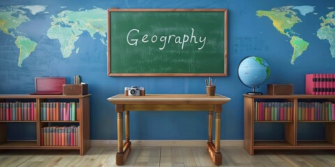 Chalkboard with text "Geography" written in chalk - school supplies on desk