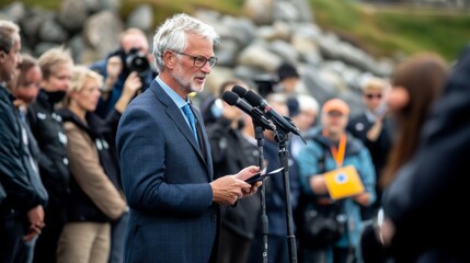 An official delivers a speech at a coastal venue, addressing an attentive audience surrounded by photographers and onlookers during the daytime.