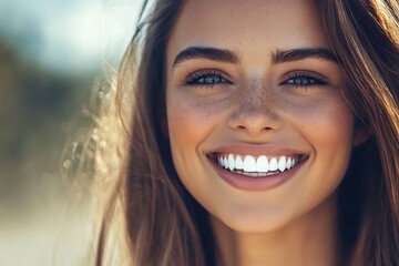  A close-up portrait of a beautiful woman with a radiant smile, showcasing her perfect white teeth