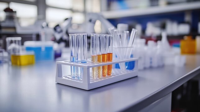 Empty laboratory test tubes in a rack, surrounded by chemical lab tools on a clean workbench. Perfect for research.