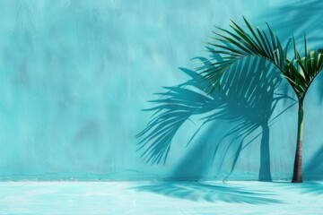 A palm tree is standing in front of a blue wall. The wall is painted in a light blue color