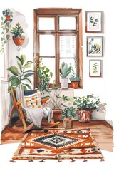 Cozy room interior in hygge style with furniture, carpets, pictures, and houseplants, capturing Scandinavian