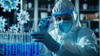 Epidemiological researcher dressed in virus protective suit inspecting blue chemicals in a test tube. COVID-19 research focus.