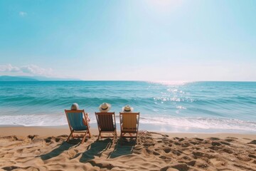 Three people are sitting on beach chairs, enjoying the sun and the ocean. The chairs are blue and yellow, and the people are wearing hats. Scene is relaxed and peaceful