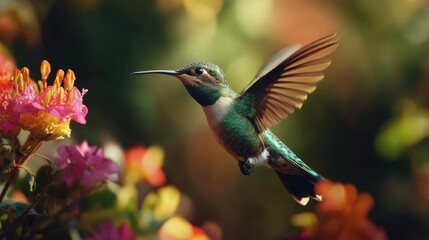 Fototapeta premium Extreme close-up of a hummingbird in the wild, hovering near vibrant flowers in the Chilean landscape. -