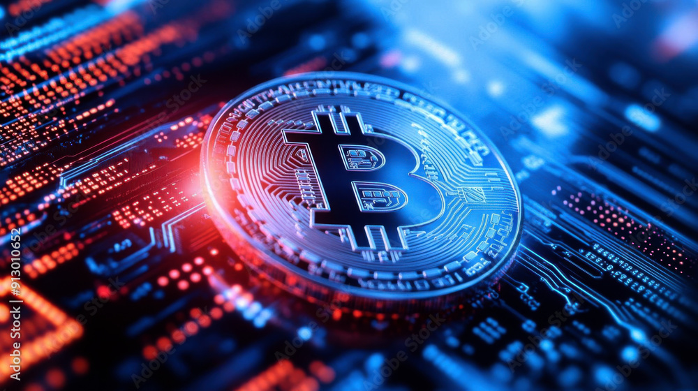 Poster a close-up of a bitcoin coin on a digital circuit board, symbolizing the rise of cryptocurrency and 