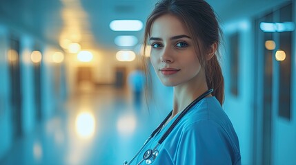 Obraz premium A woman in a blue scrubs is standing in a hallway