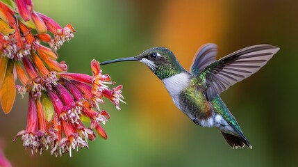 Fototapeta premium Extreme close-up of a hummingbird iridescent colors as it hovers near flowers in the wilds of Chile.