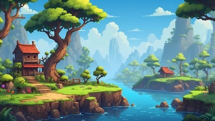 Game assets background RPG Gaming Battle Scene Beautiful day in Pixel 8bits 16bits 32 bits