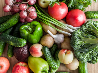 Seasonal vegetables and fruits in close-up, top view. Food background